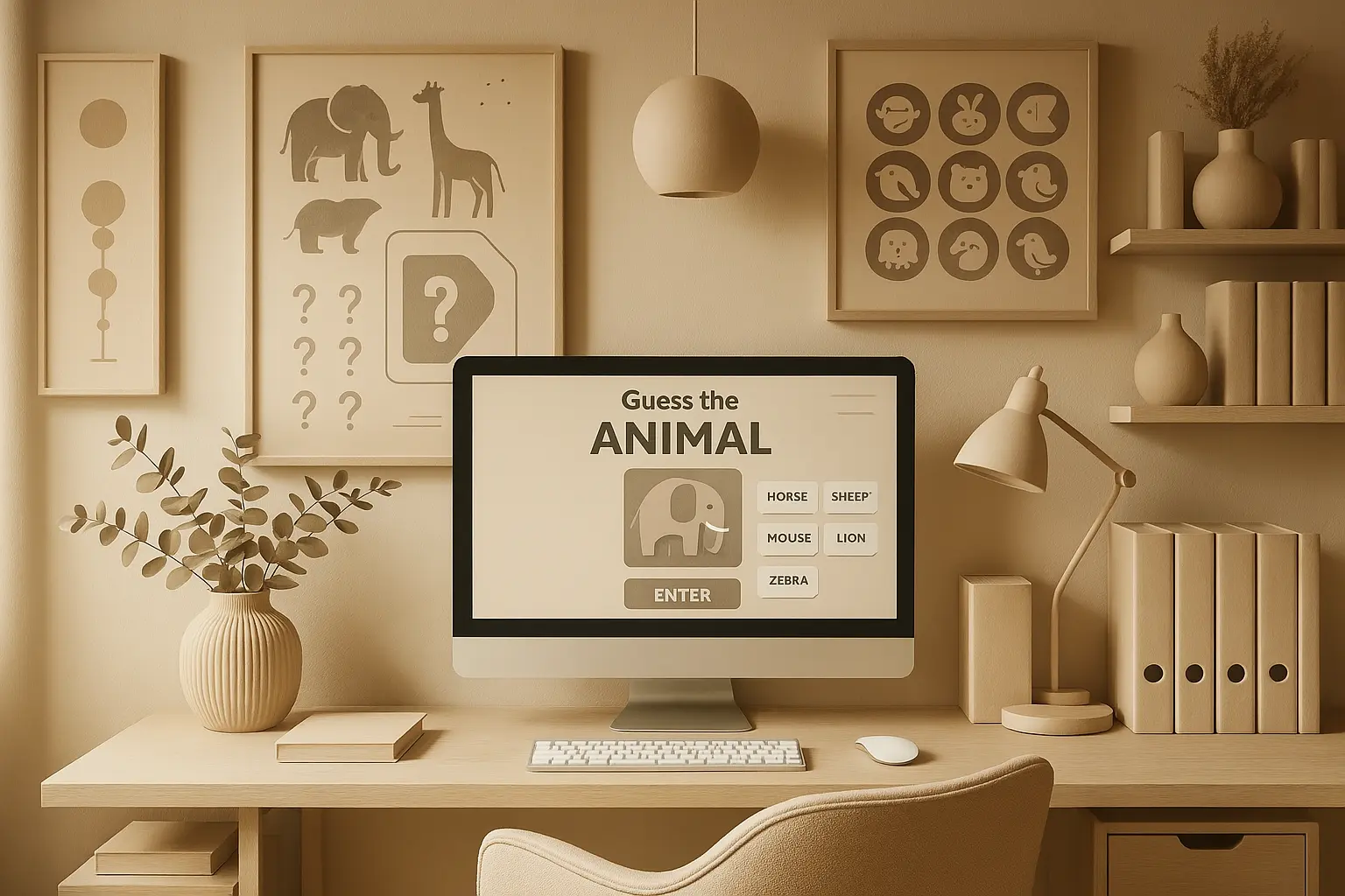 A calm, minimalistic workspace with soft beige tones, featuring animal-themed art, natural textures, and a computer showing a quiz game interface.