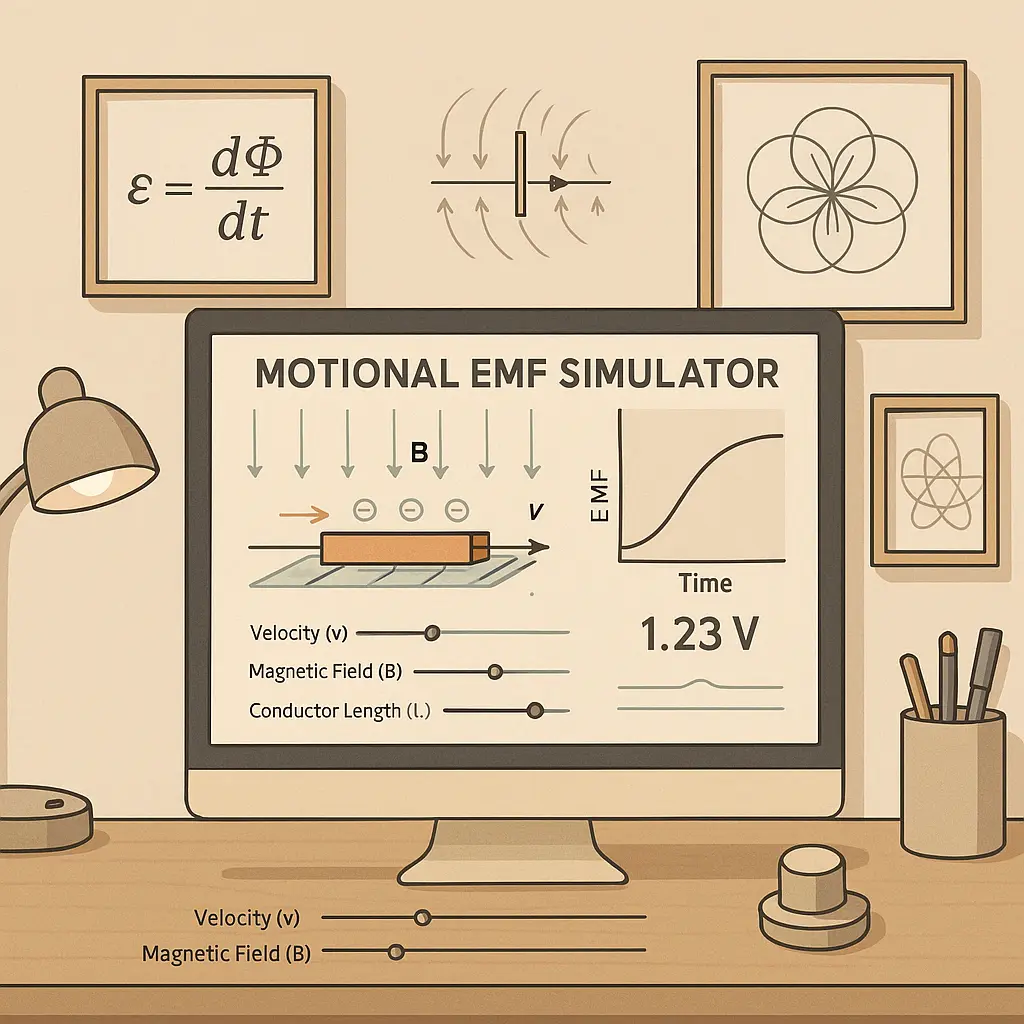 A stylized, minimalistic visual of a physics simulator, with smooth gradients and subtle textures. The interface shows sliders, a formula box, and vector arrows representing motion, field, and length.