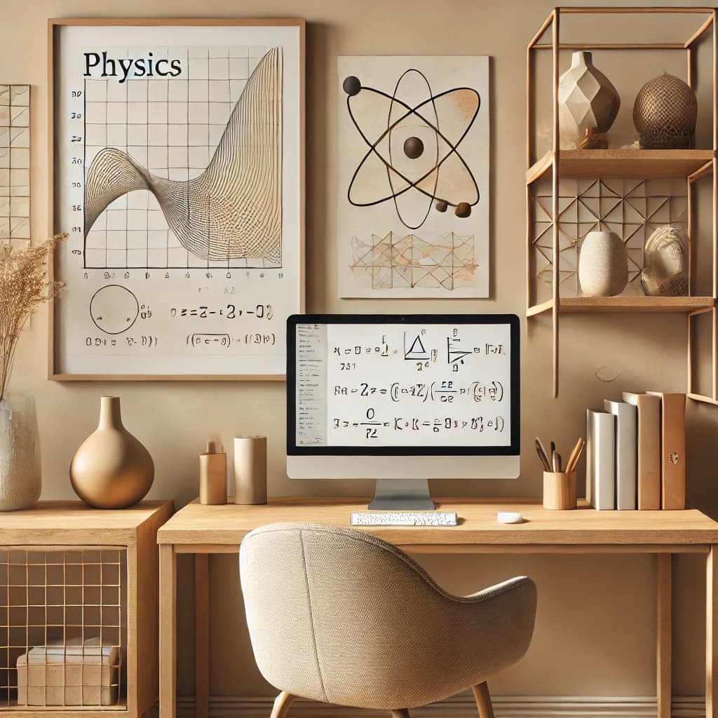 A calm, minimalistic workspace with soft beige tones, showcasing physics-themed diagrams, organized shelves, and a clean desk with a computer displaying formulas.