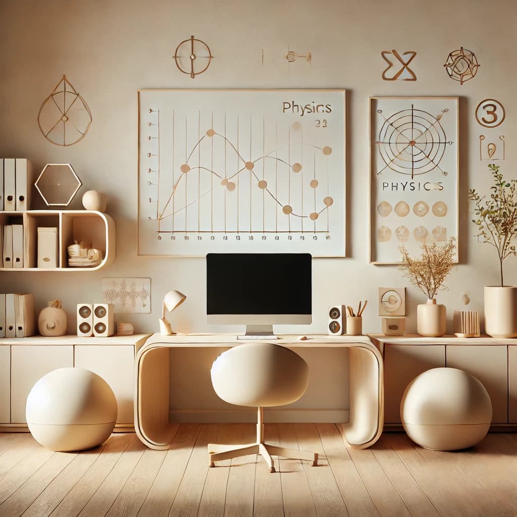 A calm, minimal workspace with soft lighting, beige tones, and a sleek desk featuring a blank-screen computer, surrounded by warm decor and physics-inspired wall designs.