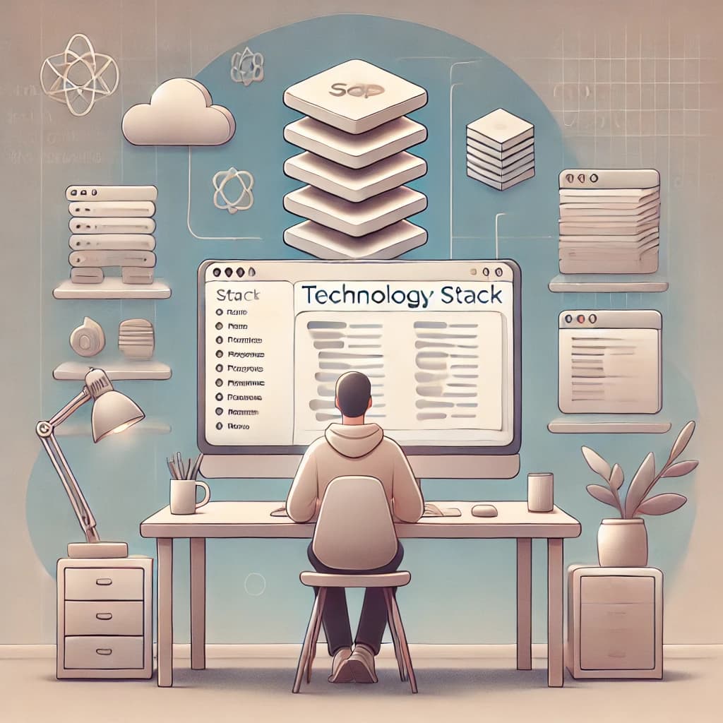 A serene setup featuring a developer exploring technology stacks, with layered icons representing frameworks and databases.