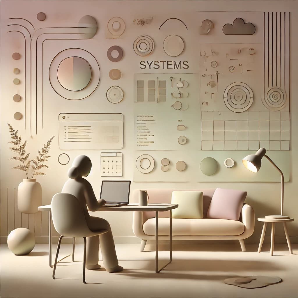 A peaceful office with a person working on a laptop, surrounded by abstract system diagrams and a soft, neutral color scheme.