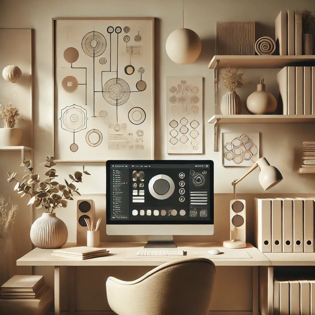 A serene and minimalist workspace featuring a desk with a computer displaying abstract designs, surrounded by neutral-toned decor, bookshelves, and warm lighting for a calming atmosphere.