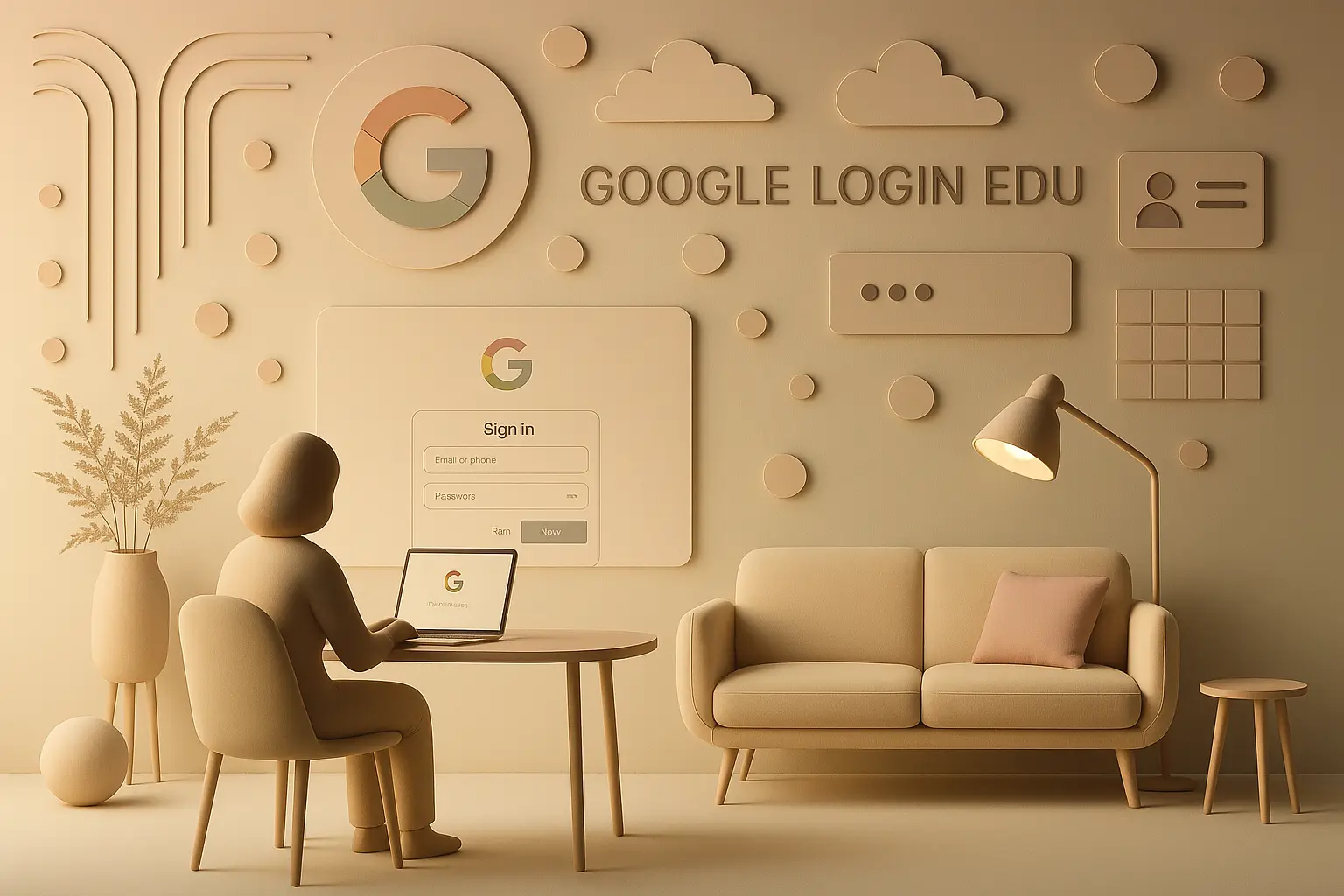 A user-friendly Google Login EDU interface displayed on a laptop, with warm lighting and educational UI elements in a modern workspace.