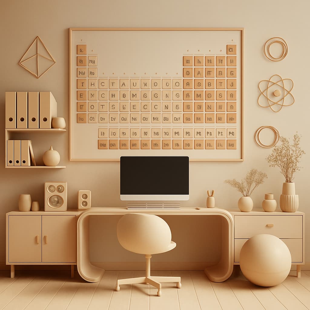 An interactive periodic table displayed in warm, minimal tones. Elements are color-coded and neatly arranged, exuding a sense of calm structure and scientific beauty.