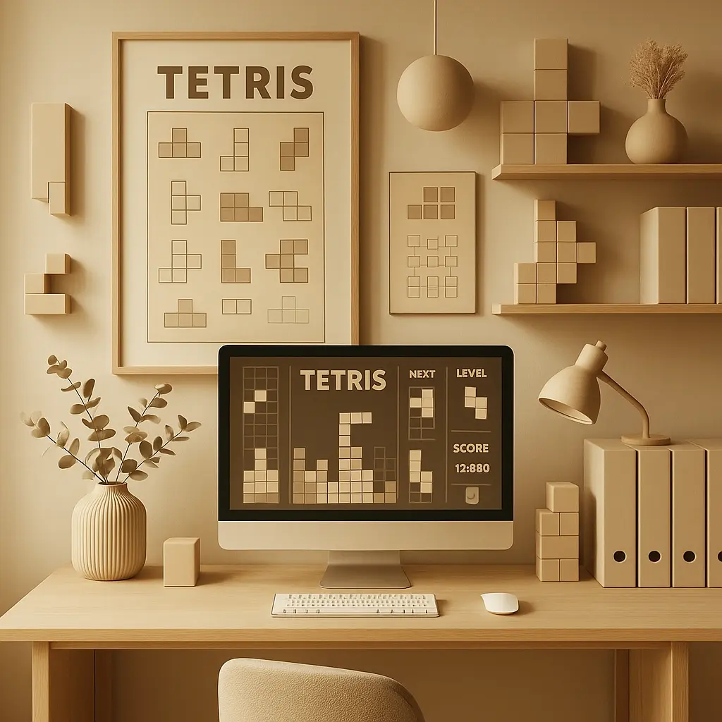 A stylized, minimalist visualization of a Tetris game interface, in warm neutral tones. The design shows falling tetrominoes, a score panel, and level indicators, all within a calm, design-focused workspace.