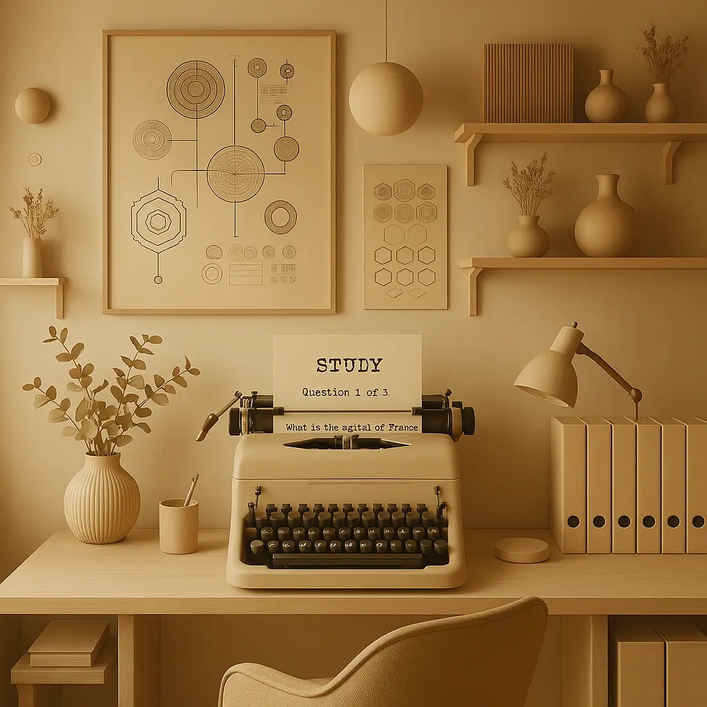 A vintage-inspired workspace with a retro typewriter, surrounded by classic design elements and soft, warm lighting.